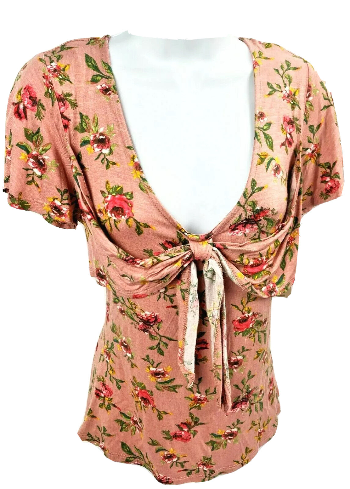 Medium Wishful Park Wishful Park Soft Stretch T Shirt Top Tie Front Pink Floral