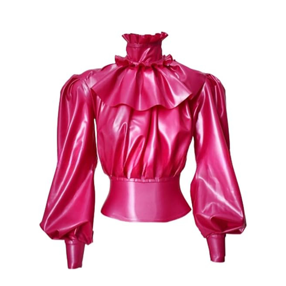 Fashion Latex Tops Puff Sleeve Mini Slim Ruffles Neck Back Zip Party Club Party
