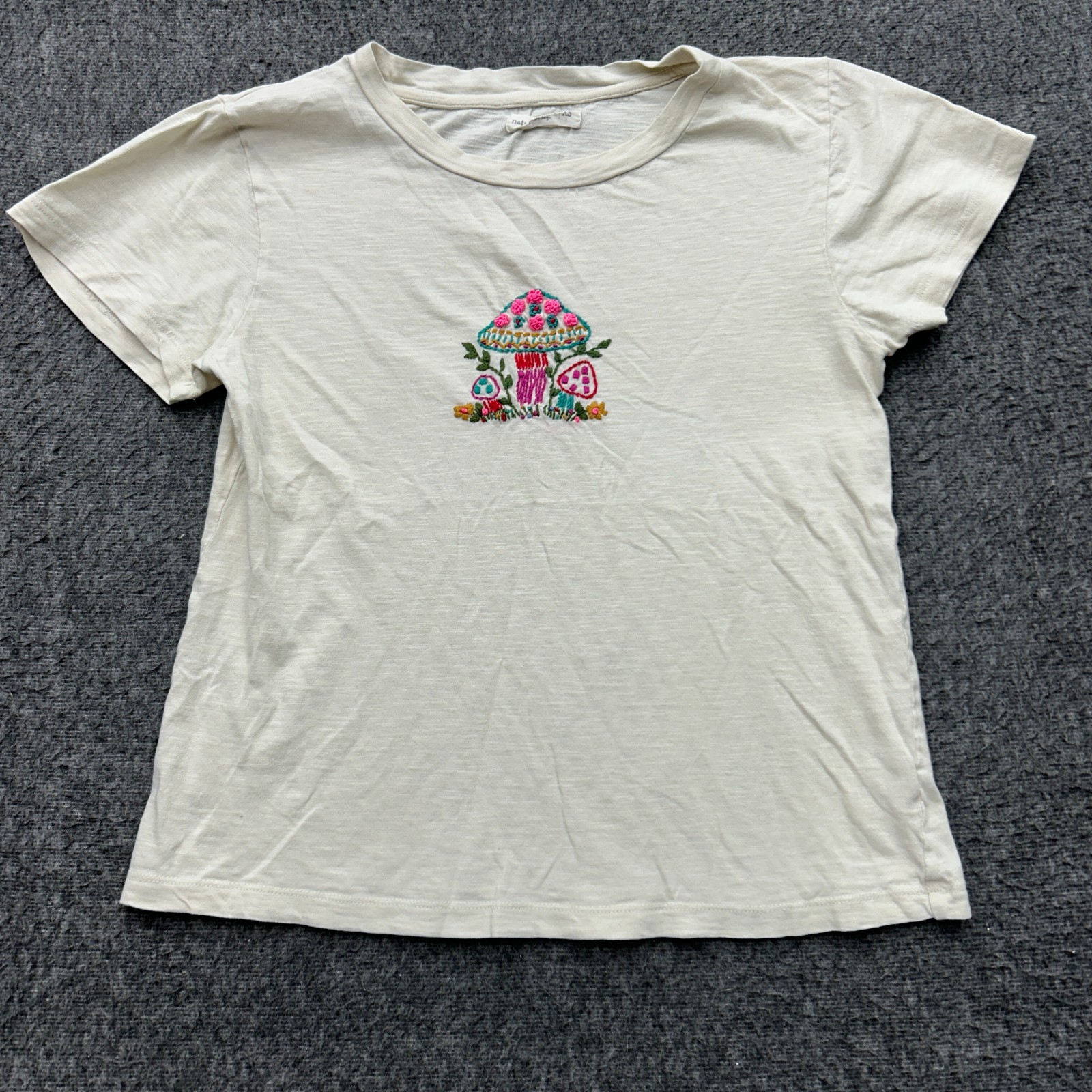 Natural Life Shirt Mushroom Graphic Embroidered Short Sleeve Boho Top XS Cotton