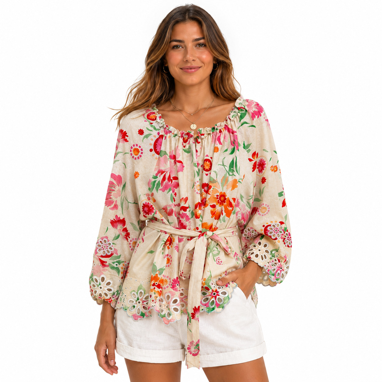 Cato Tunic Blouse Womens Large Floral Embroidered Belted 3/4 Sleeve Top