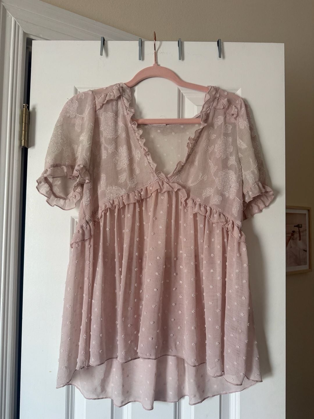 POL Pink Swiss Dot Floral Sheer Ruffle V-Neck Blouse