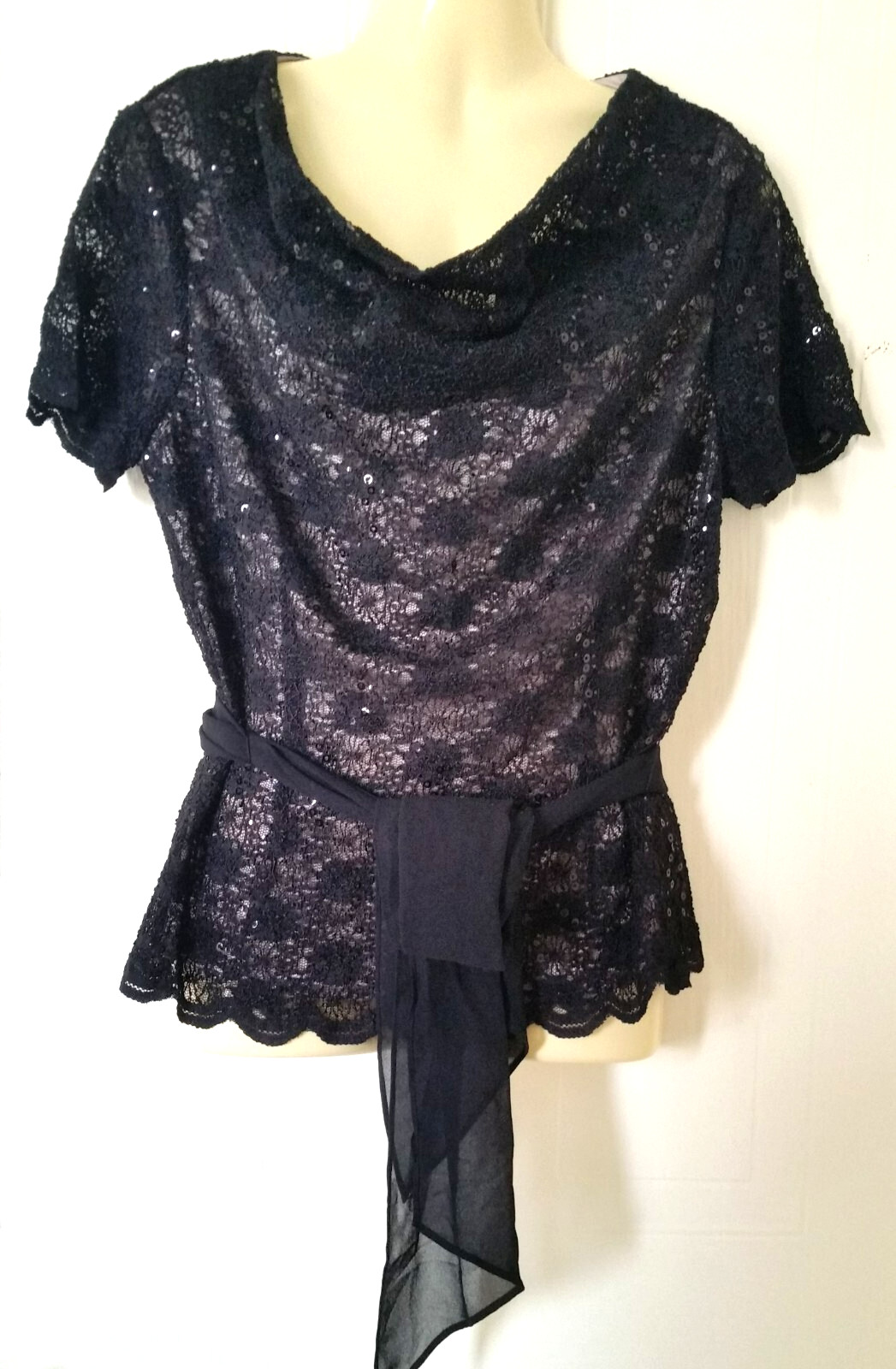 Women’s Jacques Vert Black Lace Overlay Sequin Embellished Blouse Top 12 UK