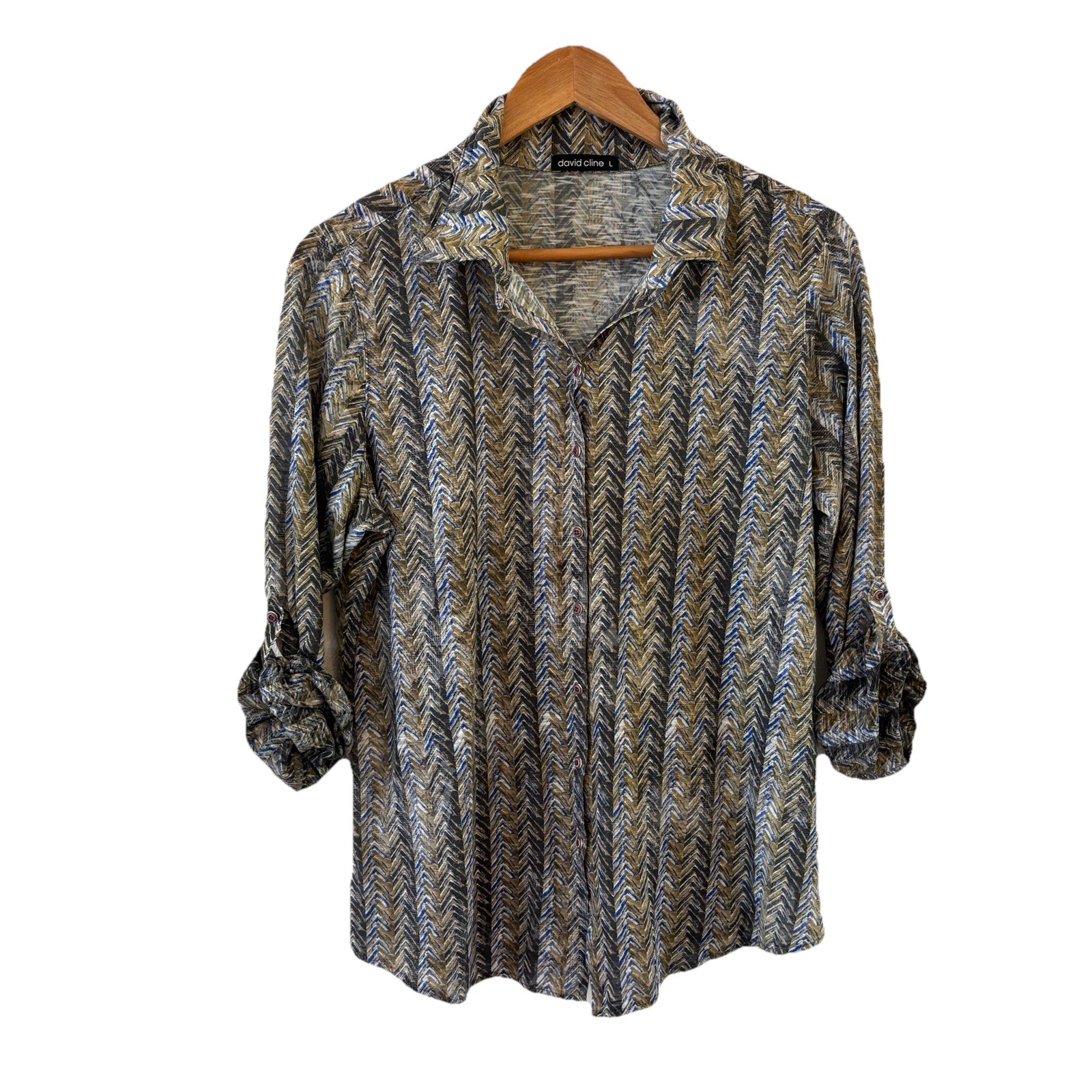David Cline Crushed Snap Front Top L Green Chevron Roll Tab Sleeve Art to Wear