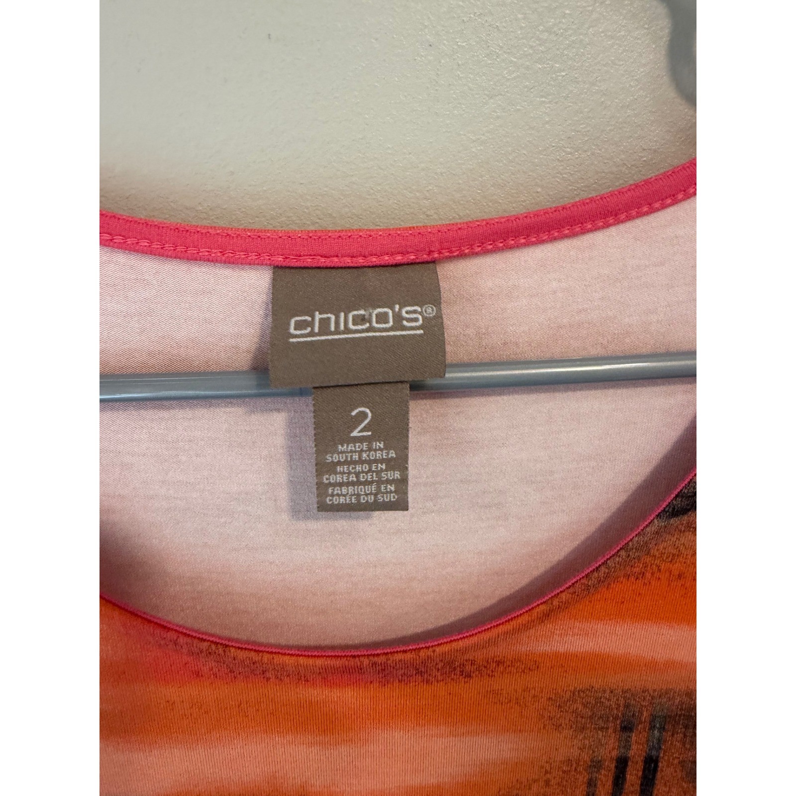 Chico’s Women Orange Pink Abstract Geometric Print Short Sleeve Top Size 2 L