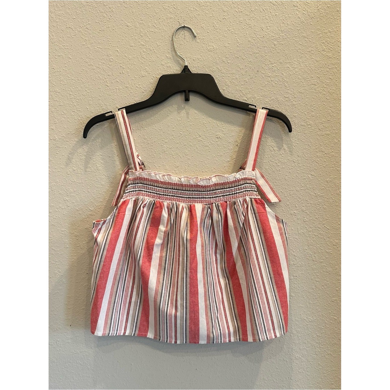 Red & White Striped Smocked Crop Cami Top Tie Strap Coastal Boho Summer Size M