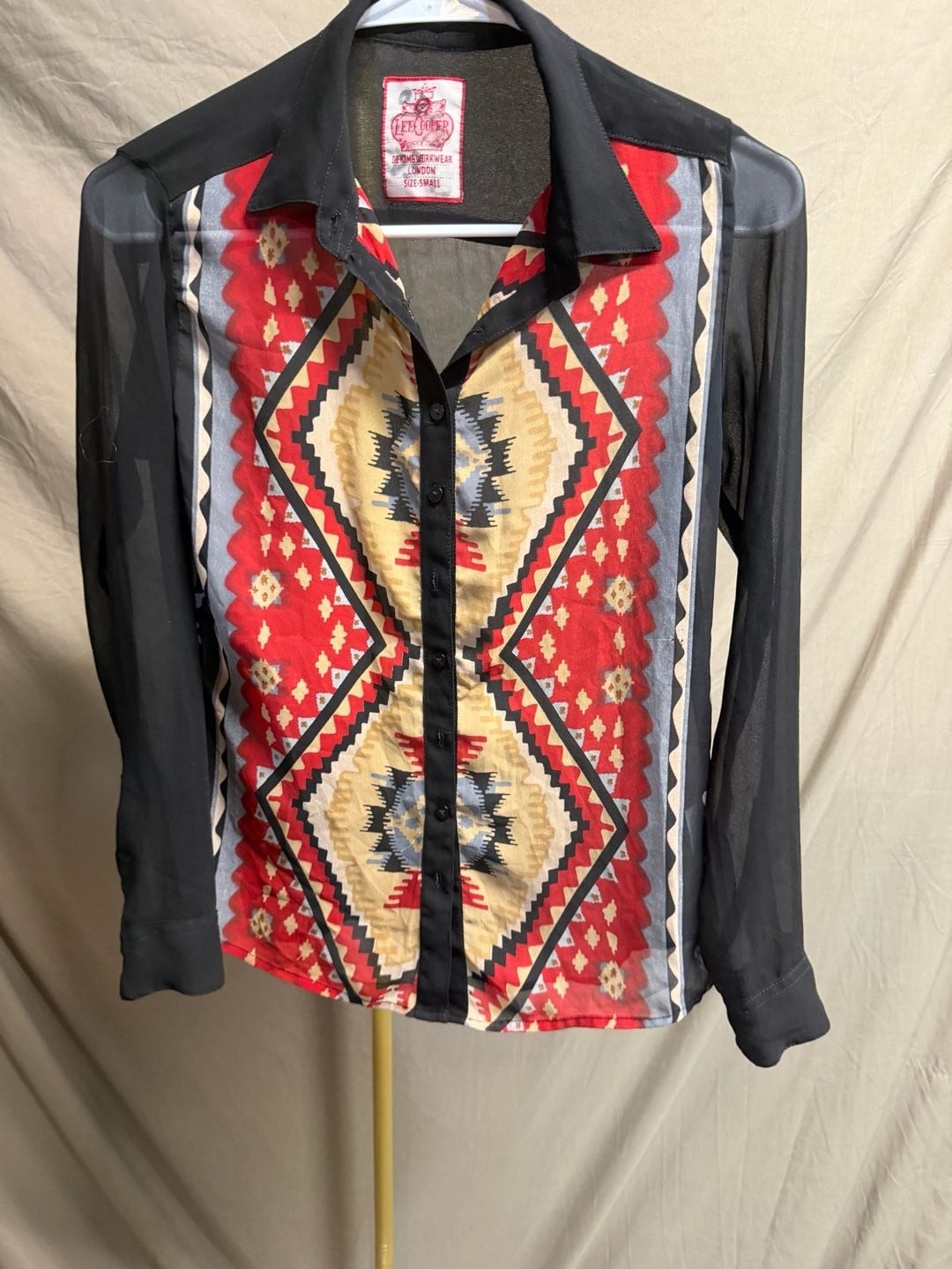 Lee Cooper Denims Workwear London Button-Up Blouse with Southwestern Print Panel