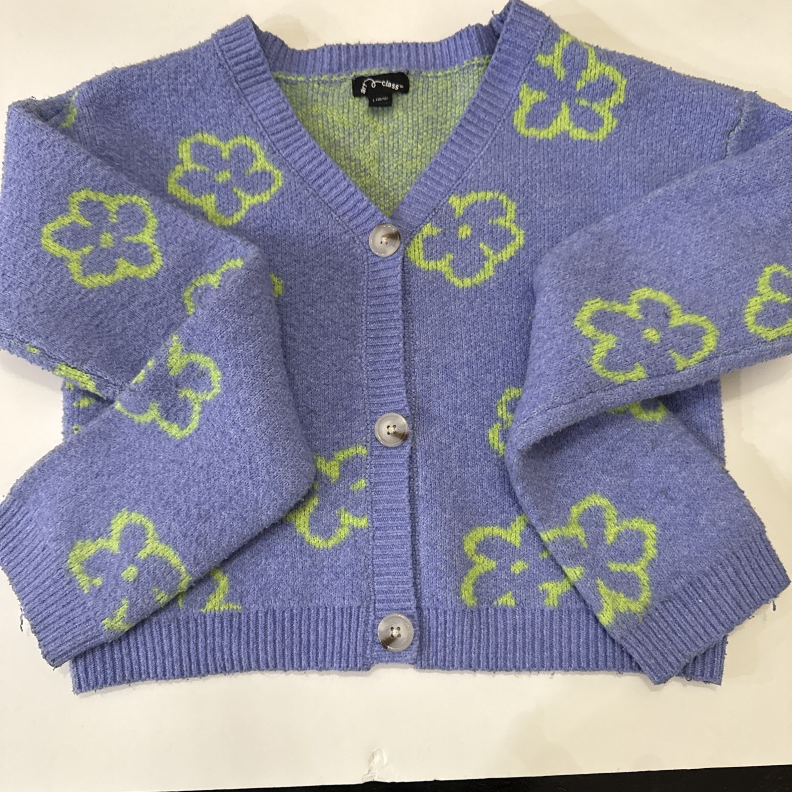 Art Class Girls Button Down Blue Cradigan W/Green Flower SzLarge (10/12) EUC