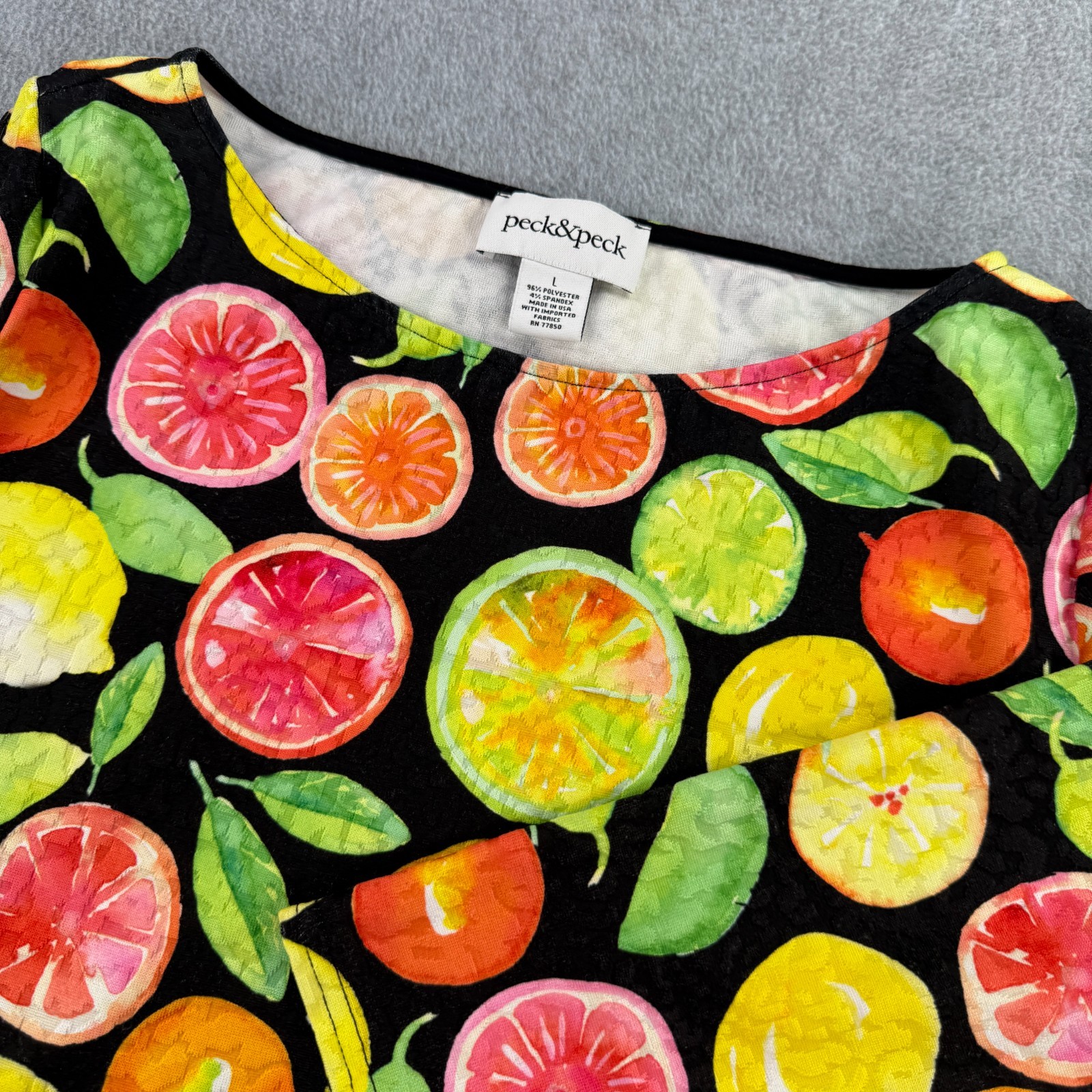 Peck & Peck 3/4 Sleeve Shirt Women L Multicolor AOP Citrus Fruit Summer Orchard