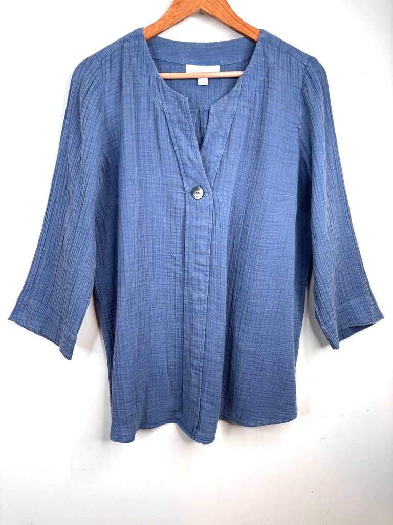 J Jill Pure Organic Cotton Gauze Tunic Top M Split Neck Blue Lagenlook Coastal