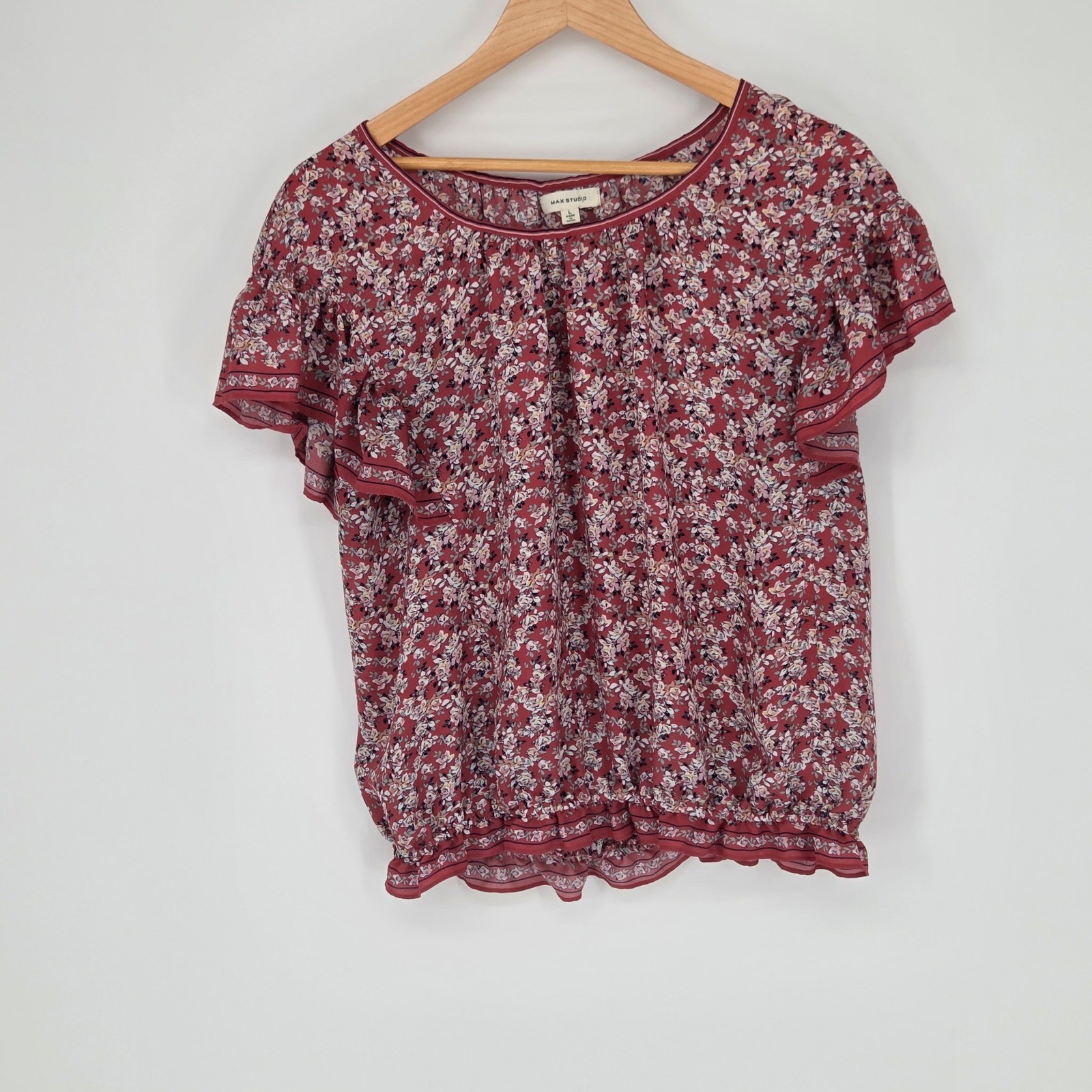 Max Studio Burgundy Mauve Floral Flutter Sleeve Bubble Hem Blouse Top Large Boho