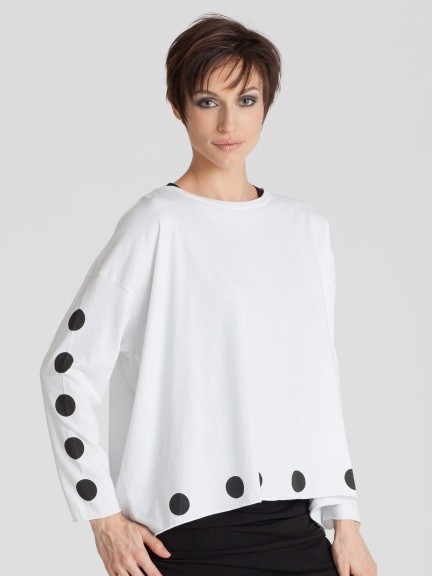 Planet by Lauren G Long Sleeve Boxy Tee One Size Gray Polka Dot Border NEW