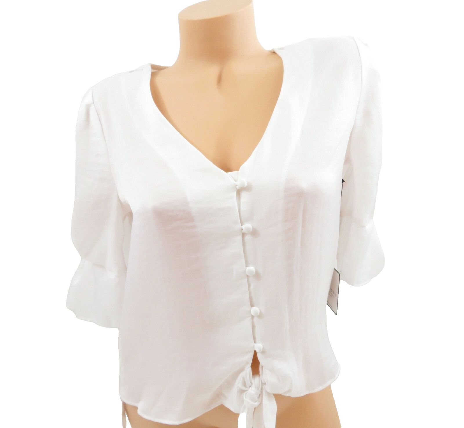 Laundry By Shelli Segal Blouse White V-Neck Tie-Hem Top Short Sleeves Size XS