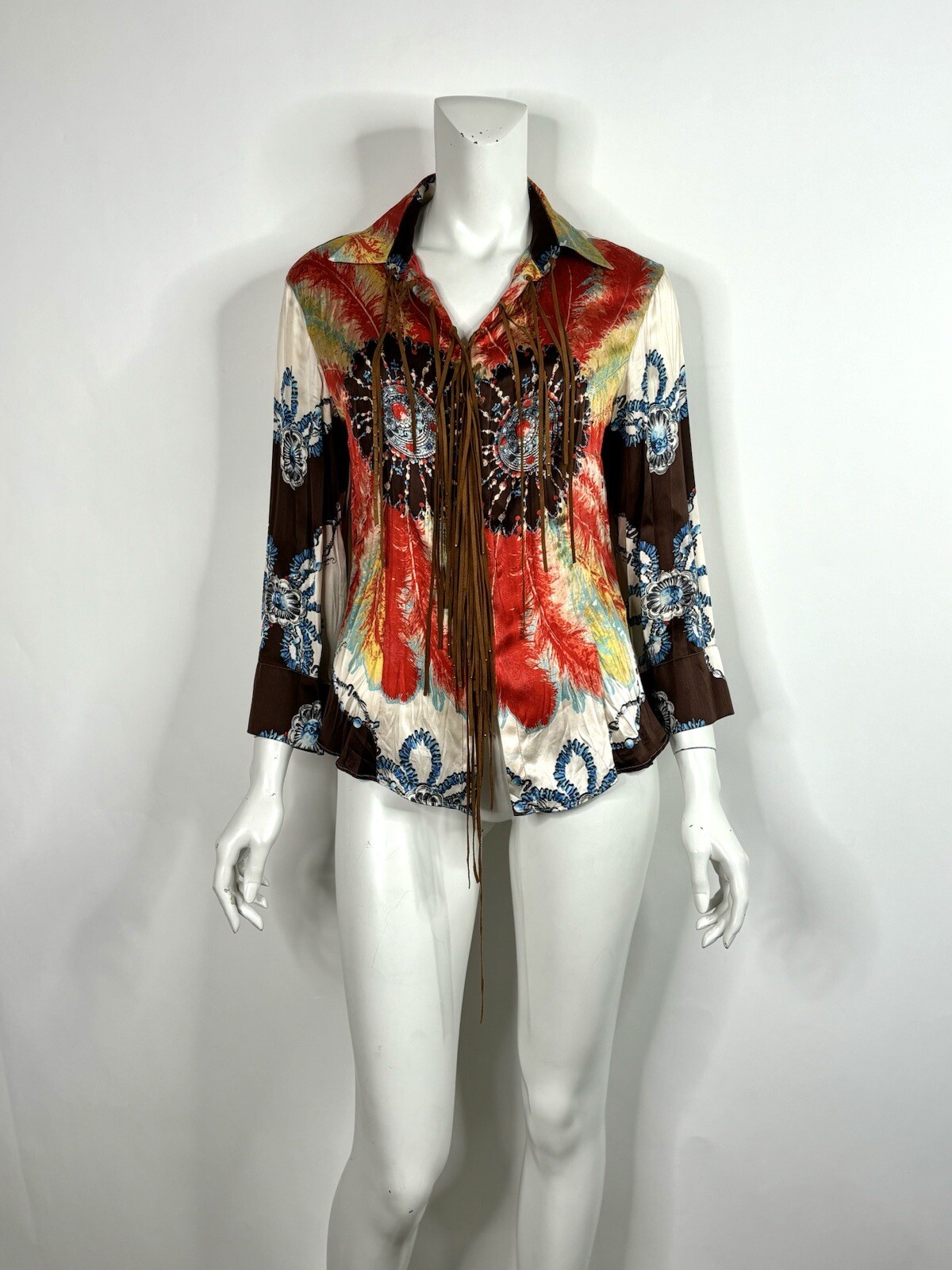 Vtg Roberto Cavalli Feather Print Silk Suede Fringe Top M