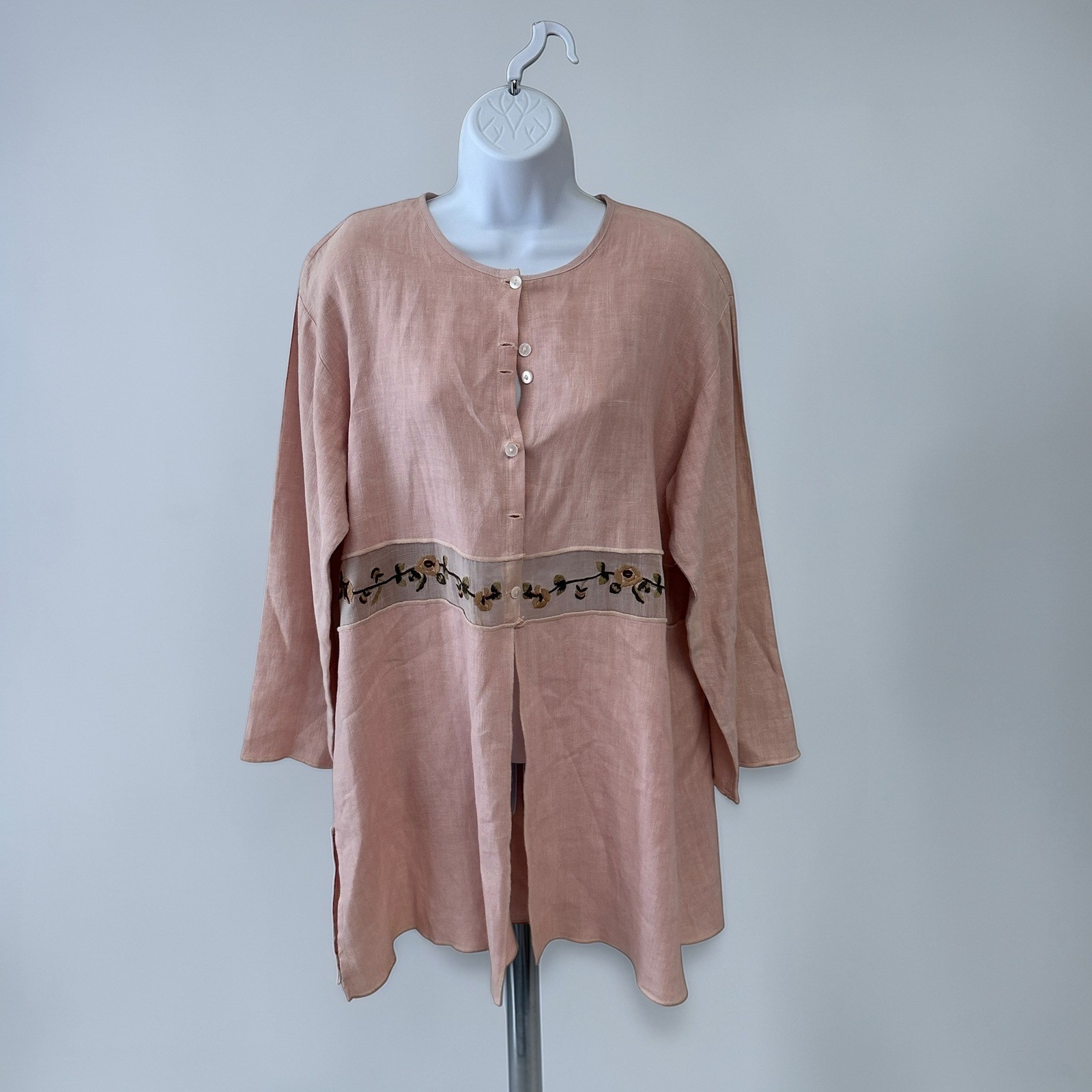 Nooshin Femme Tunic Blouse Women Size M Pink Linen Blend Floral Embroidered Mesh