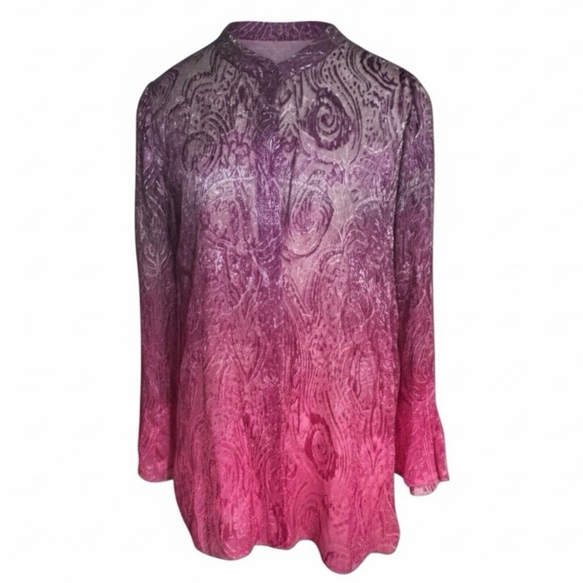 Elie Tahari Women’s Pink Purple Ombre Burnout Paisley Tunic Blouse Bell Sleeve