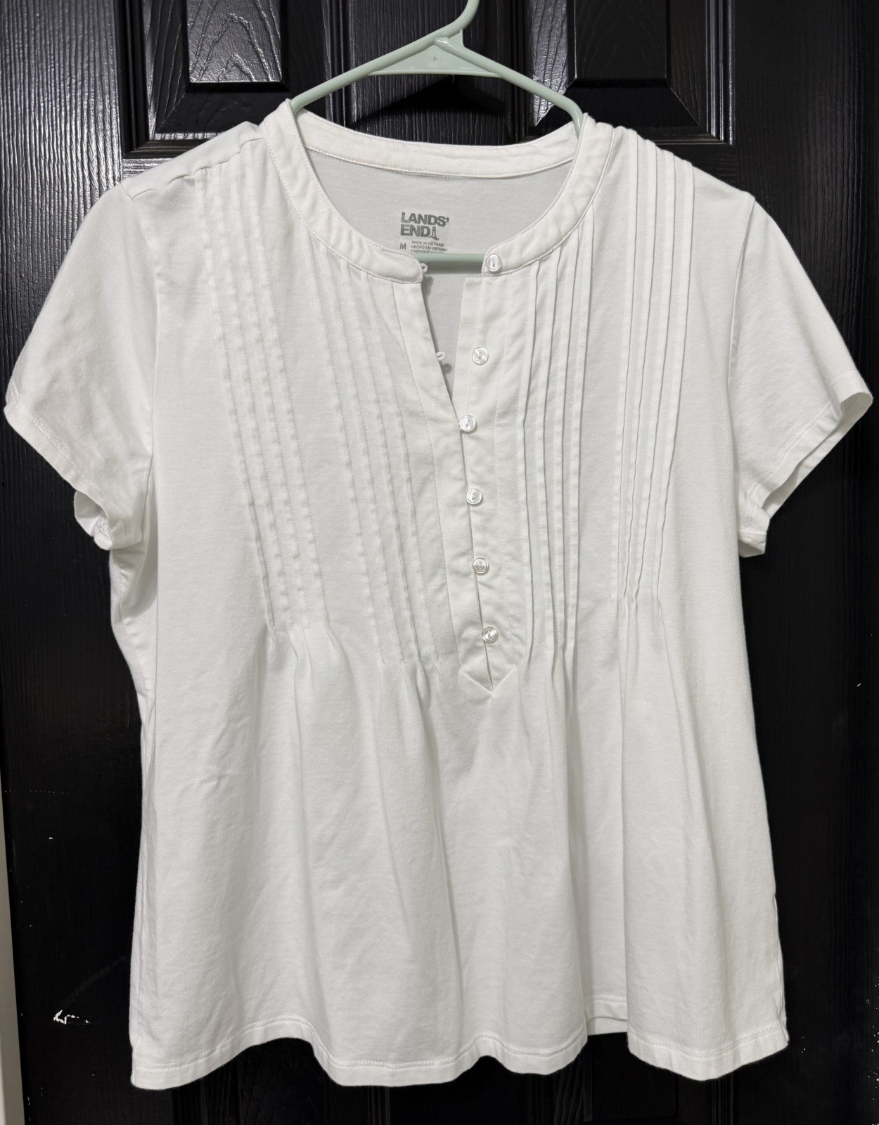 Lands End Lightweight Jersey Button Pintuck Top Size M White Spandex Cleangirl