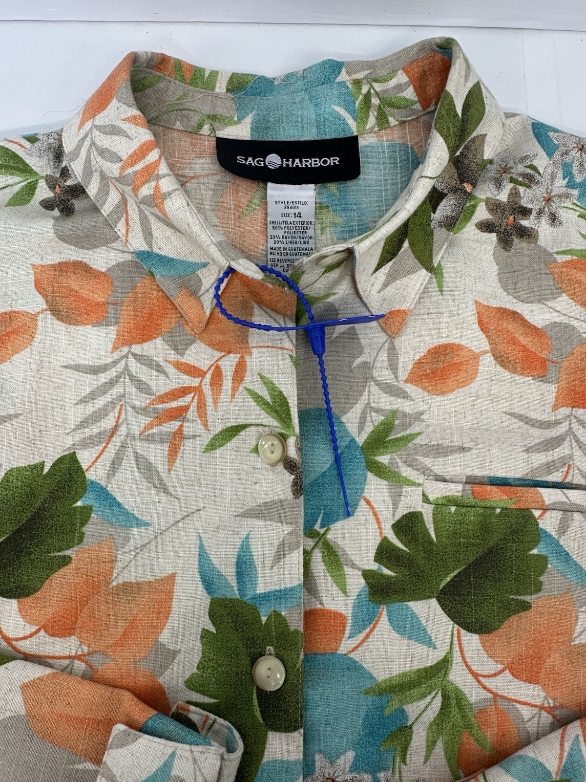 Sag Harbor Womans Linen Blend Y2K Tropical Floral Blouse Resort Shirt 14 READ