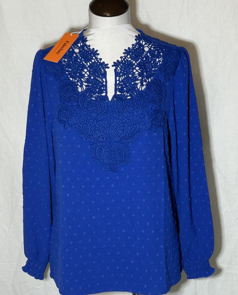 NEW Falechay Blouse Top Dark Blue Lace Upper Swiss Dot Sz Medium