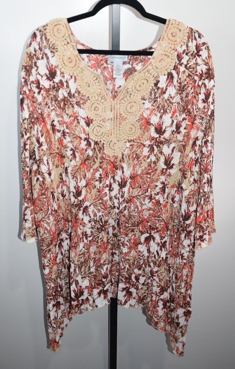 Catherines Plus Size 5X Floral Shark Bite Tunic with Crochet Neckline