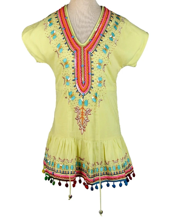 KikiSol Tunic Top Embroidered Butterflies SMALL YELLOW Cotton Beaded NWT SZ 4-6