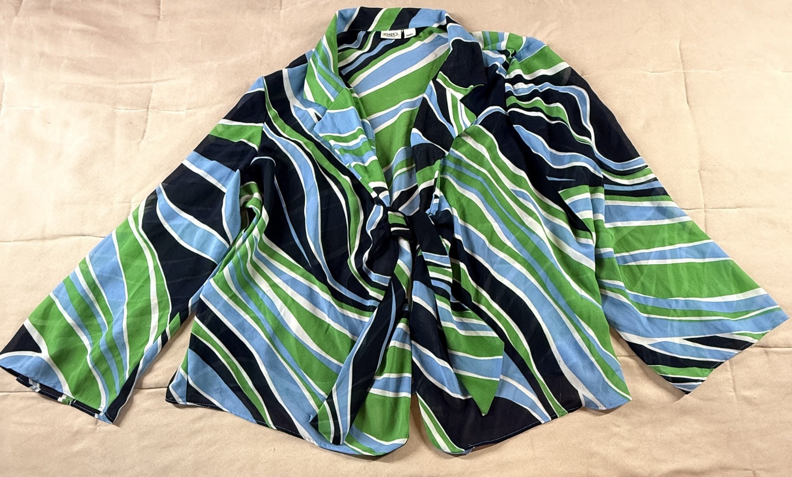 Cato Woman Plus Tie Front Jacket Blouse Green Blue Stripe Print 26/28W Made USA