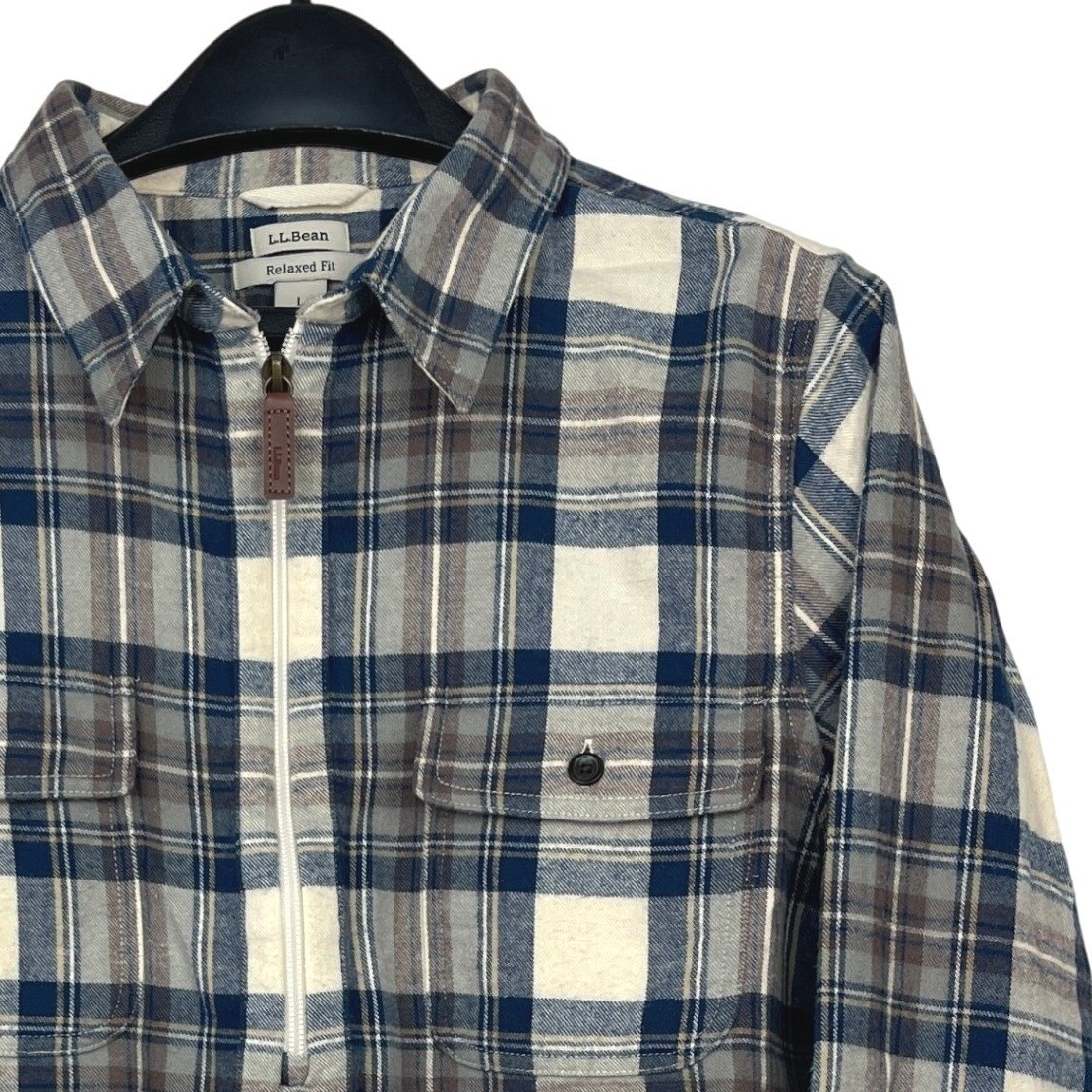 LL Bean Half 1/2 Zip Flannel Shirt Womens L Cotton Scotch Plaid Gray Blue