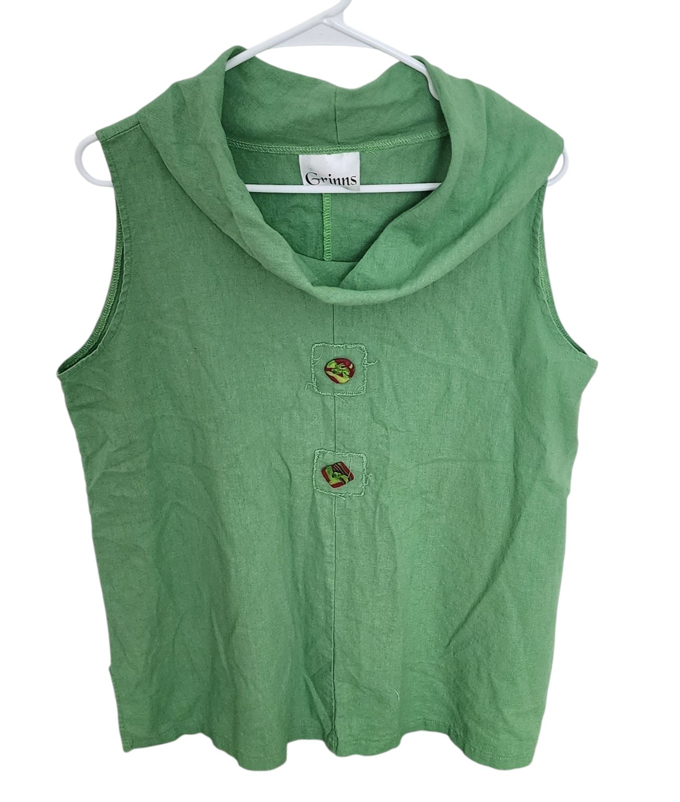 Linen Tunic Top Grinns Sleeveless Size L Lime Green Handcrafted Clay Buttons