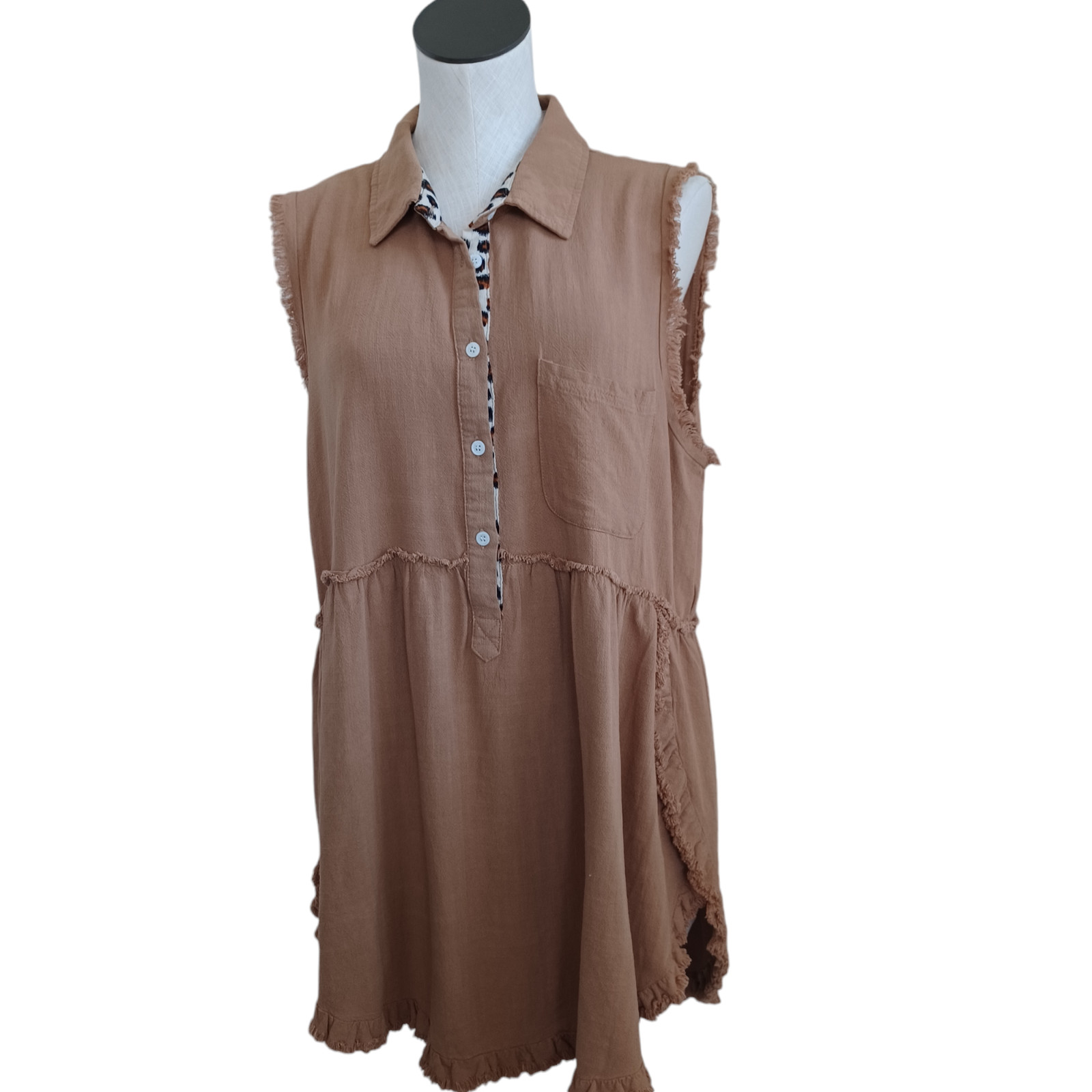 Umgee USA Womens Sleeveless Frayed Babydoll Tunic Dress Brown Med Leopard Trim
