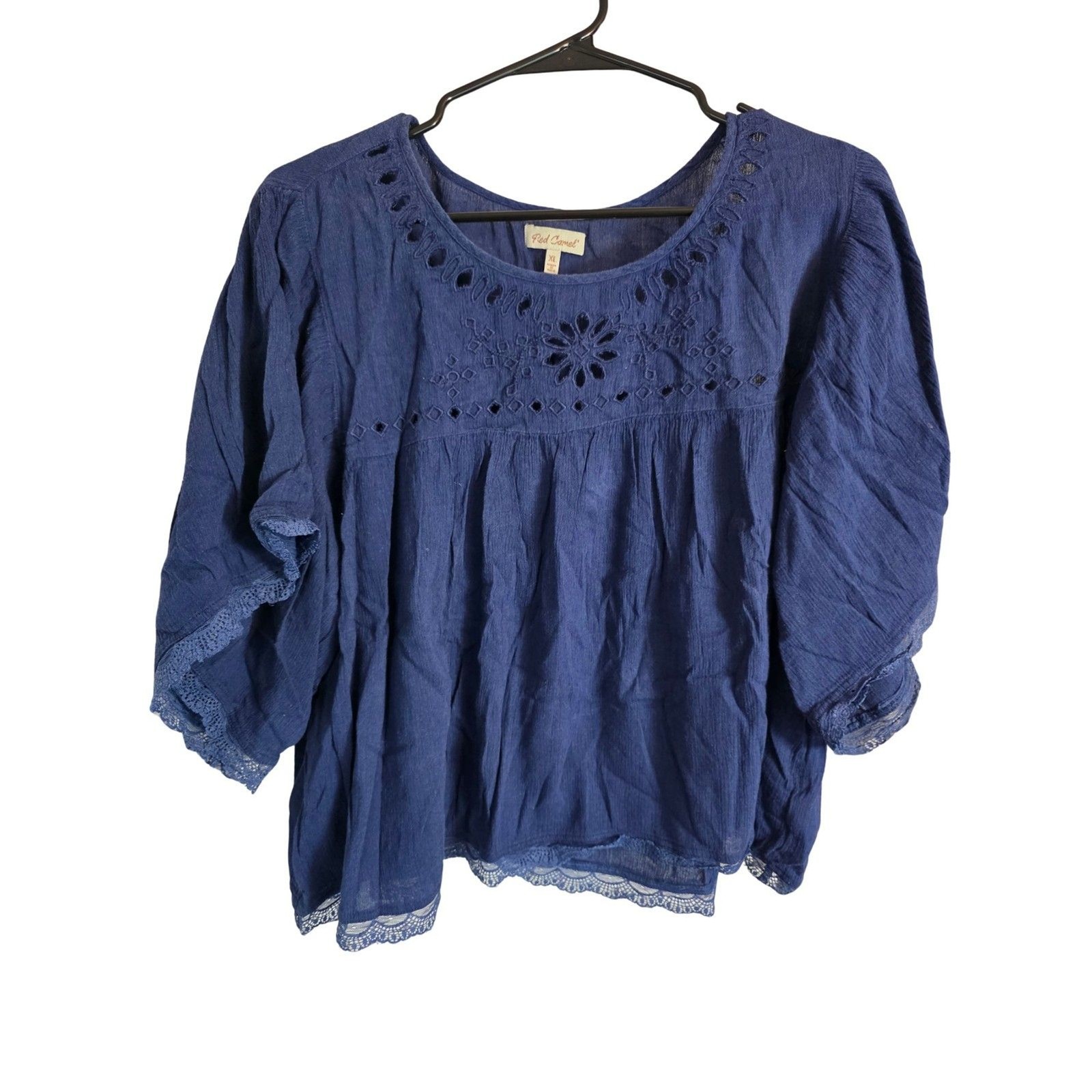 Red Camel Boho Navy Blue Eyelet Embroidered Lace Trim Peasant Blouse Top XL