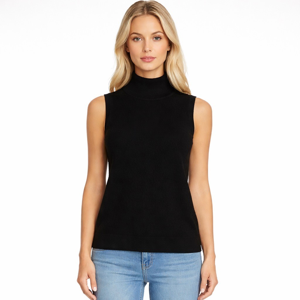 Minnie Rose Black mock turtleneck black knit sleeveless top size small