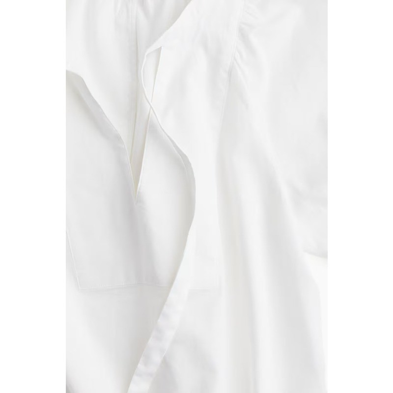H&M Linen & Cotton Blend Tie-Neck Balloon-Sleeve Blouse in Crisp White (XL)