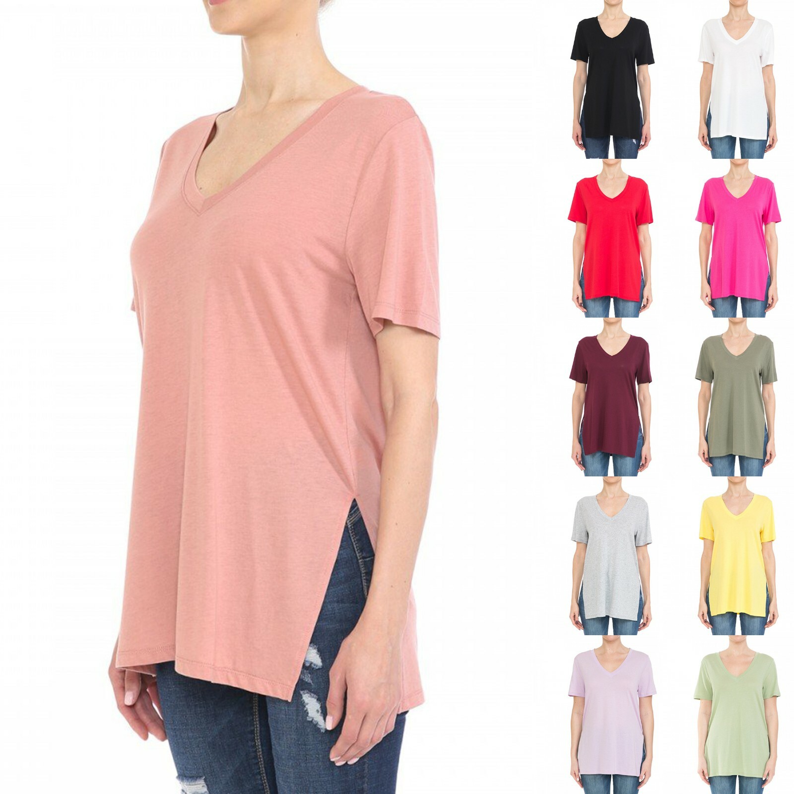 Overlapping Side Slit V-Neck Short Sleeve Loose Fit Top 72955