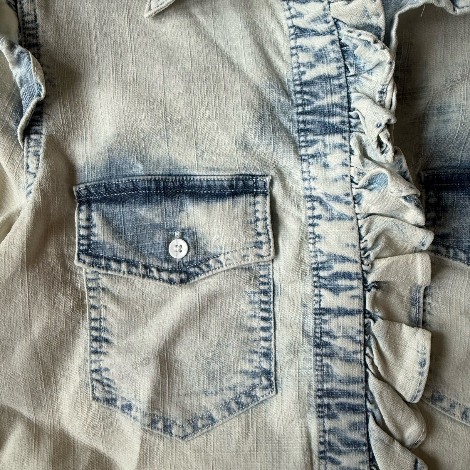 Alice + Olivia Jeans Ruffle Chambray Button Front Blouse Top XS Blue Ocean Blues