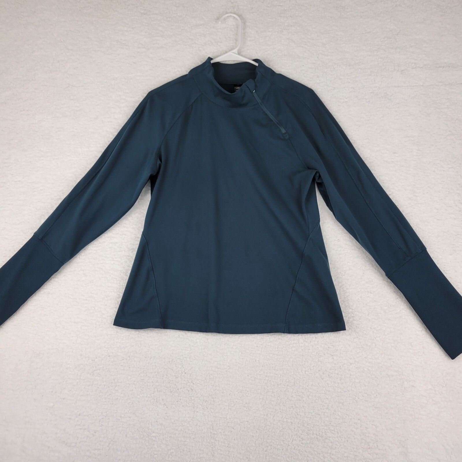 YOGALICIOUS Lux Asymmetric 1/4 Zip Pullover Shirt Deep Teal Mockneck Size Large