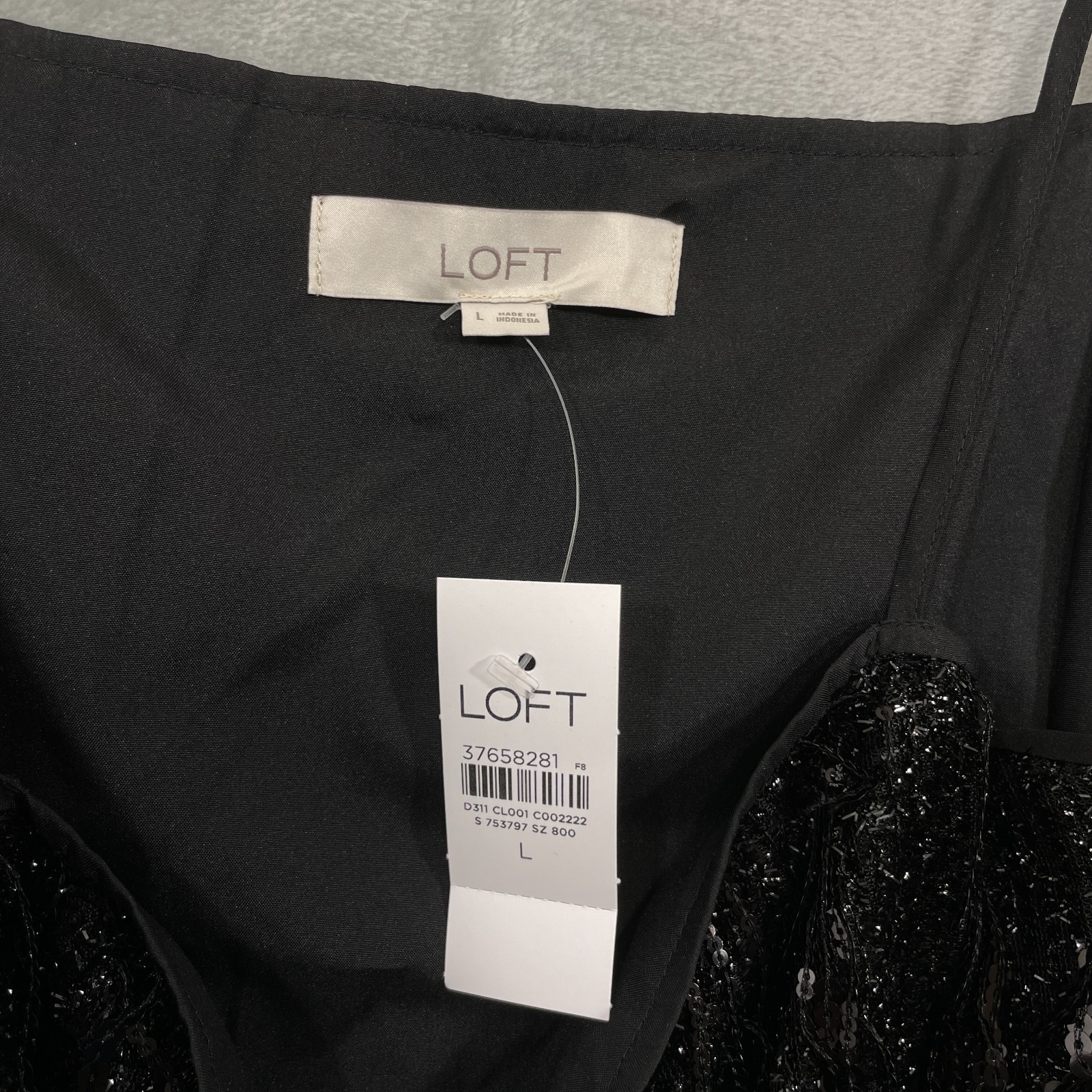 NWT LOFT Sequin Fringe Square Neck Cami Tank Top Black Size Large Party NEW