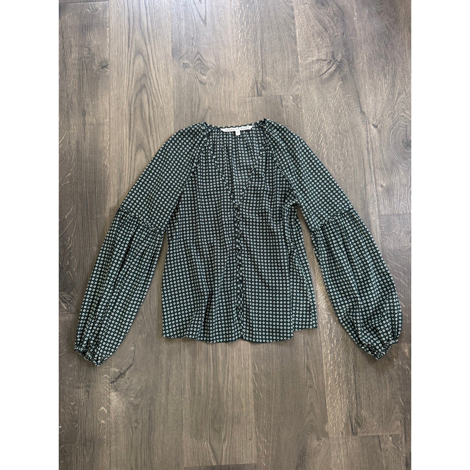 Veronica Beard Silk Balloon Sleeve Blouse 2 Green Geometric Button Front NWOT