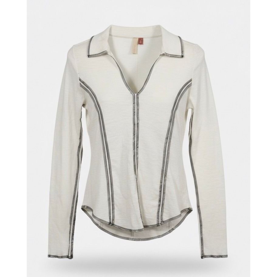 Pilcro Anthropologie Contrast Stitch V-Neck Top Womens S Cream Long Sleeve Boho