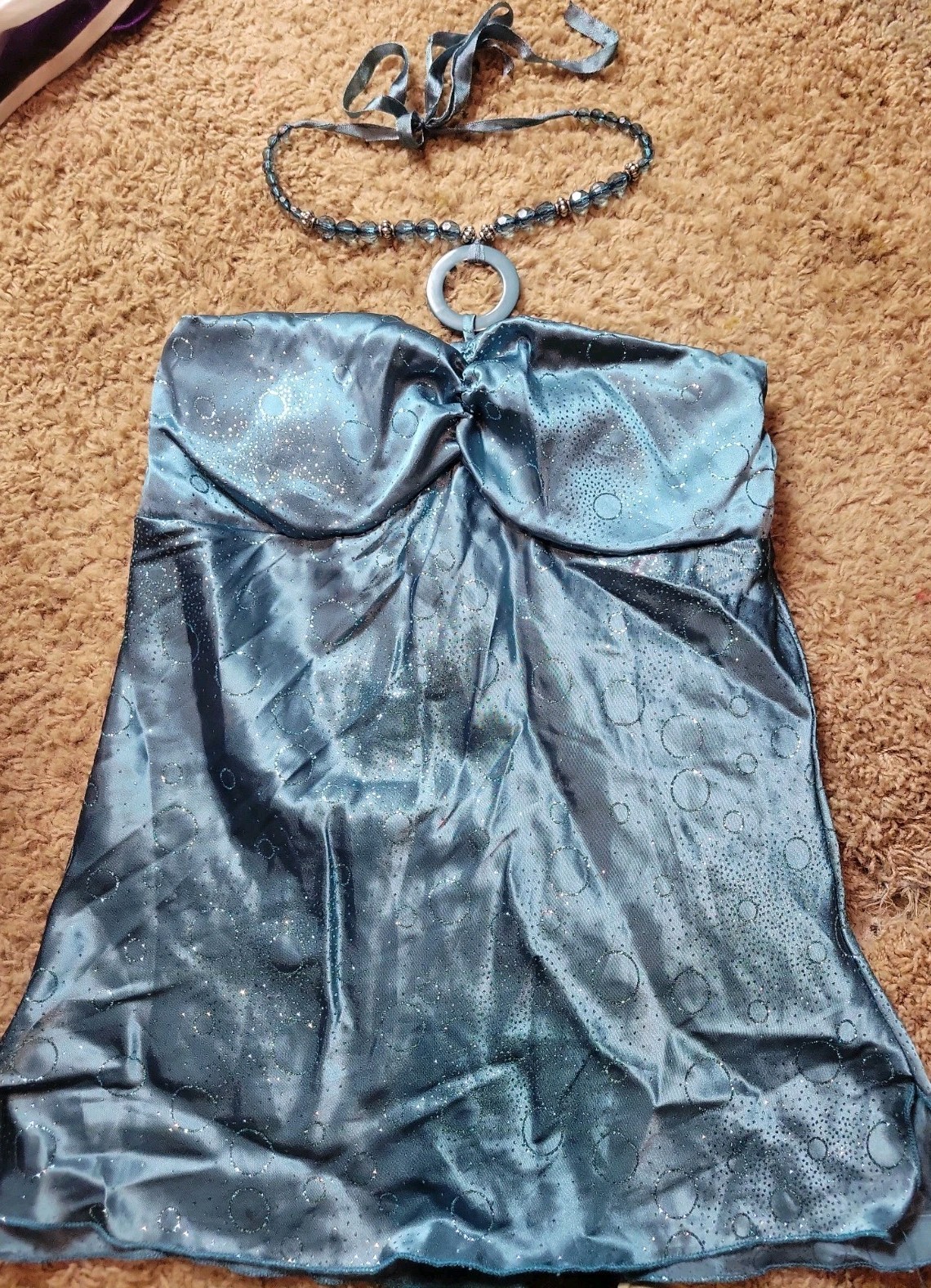 Vanity Halter Top Teal Blue Sleeveless Y2K Glitter Beaded Necklace Small