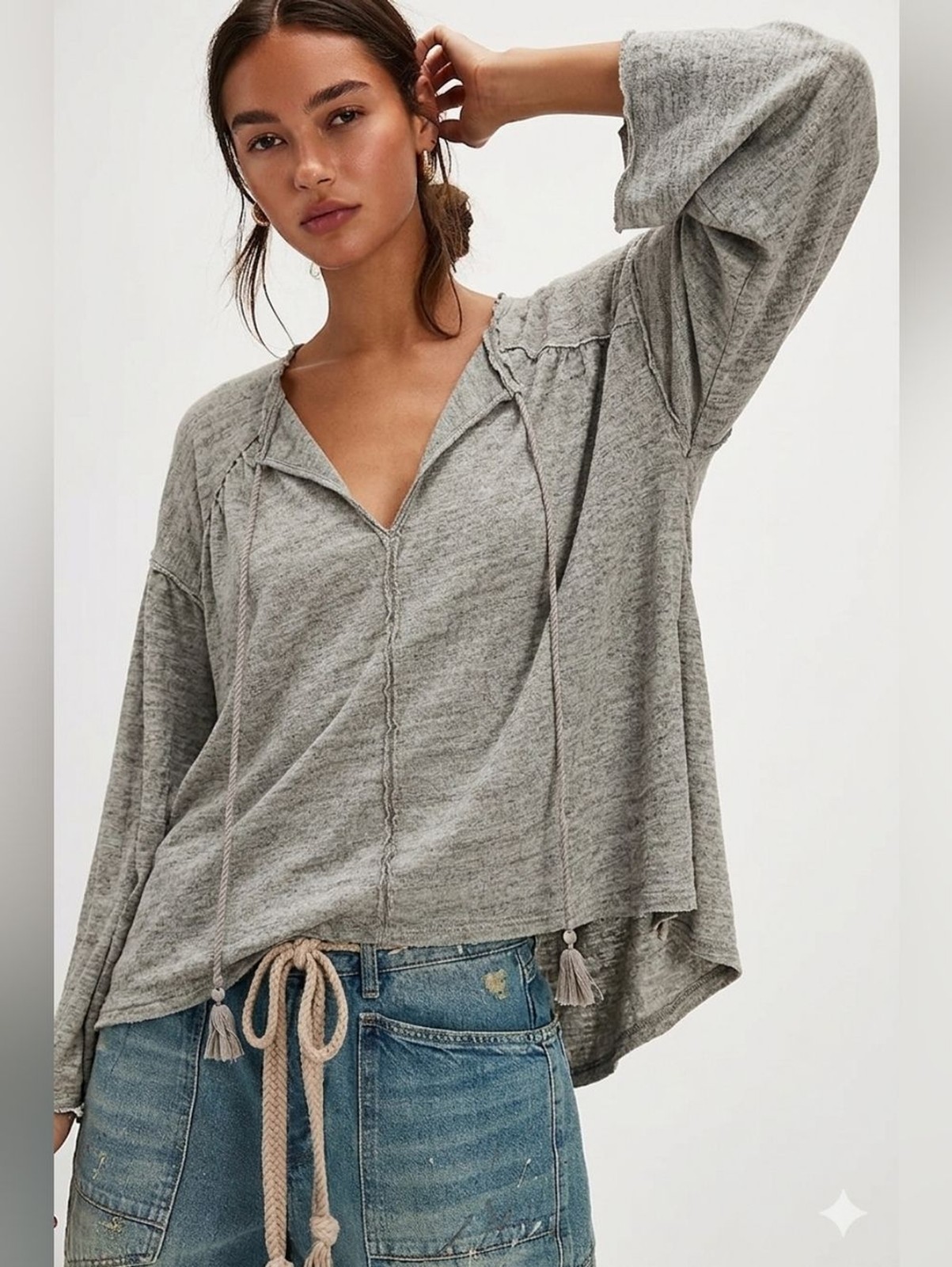 Free People We the Free Just a Henley Oversized Boho Grey Tunic Shirt Tee Small