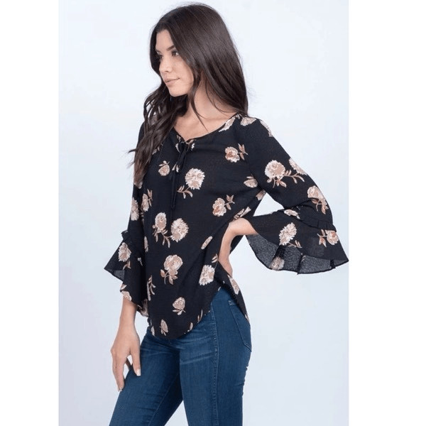 Everly Women’s Blouse Floral 3/4 Length Ruffle Sleeve Flower Feminine Size Small