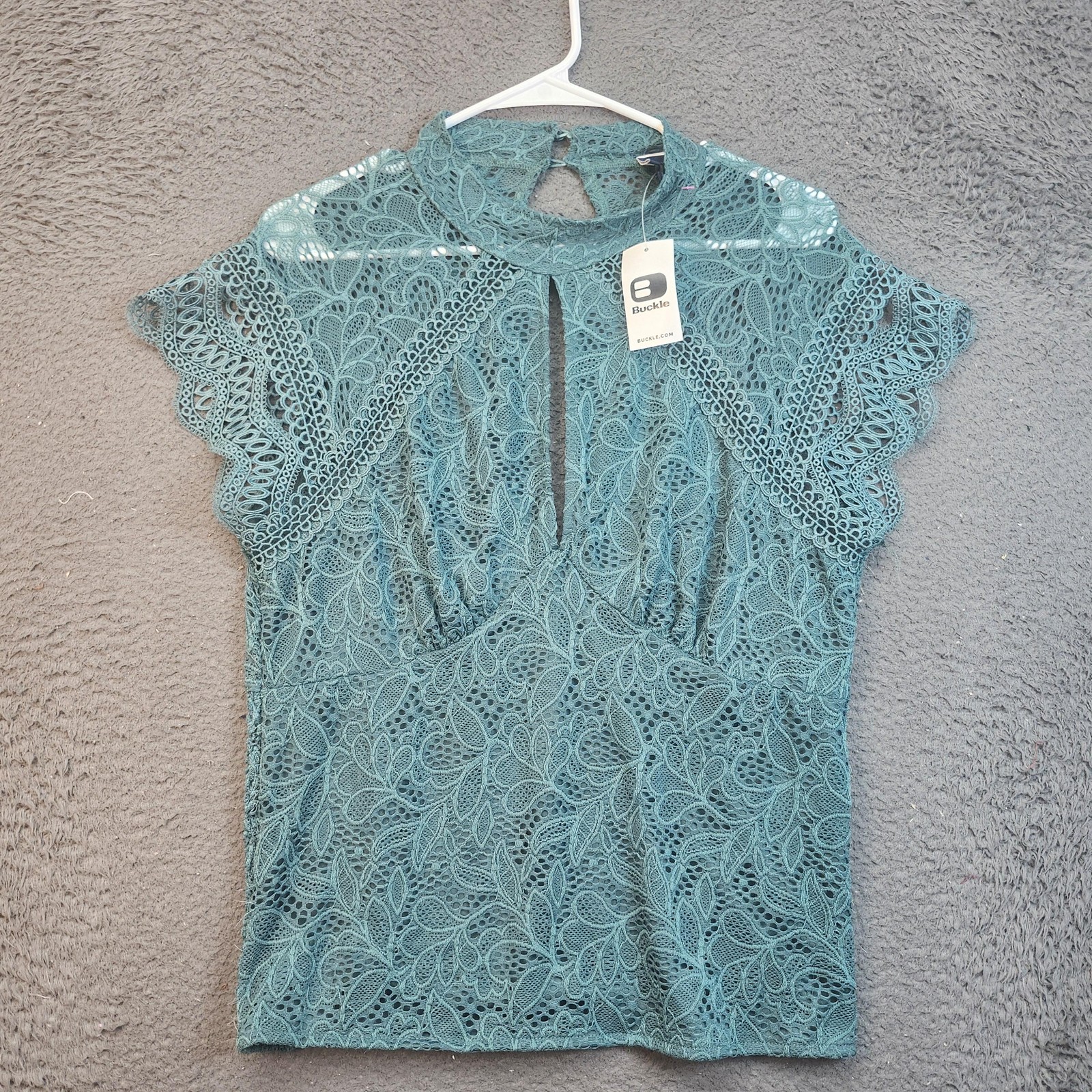 Daytrip Shirt Womens Large Teal High Neck Lace Keyhole Short Sleeve 3216TTW