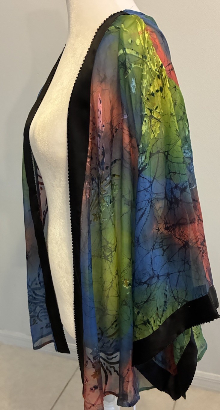 Simply Silk Sheer Kimono Cardigan Silk Floral Colorful Open Beaded Boho Asian L