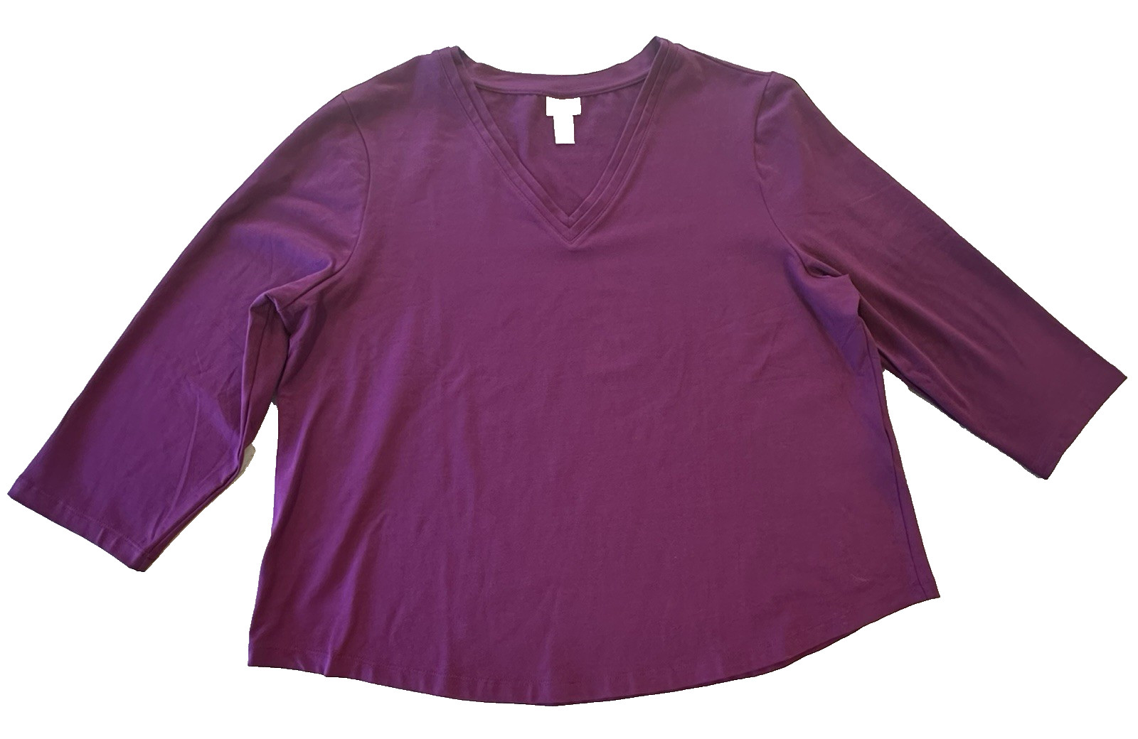 Chico’s Size 3 Magenta V-Neck 3/4 Sleeve Stretch Knit Top Cotton Blend