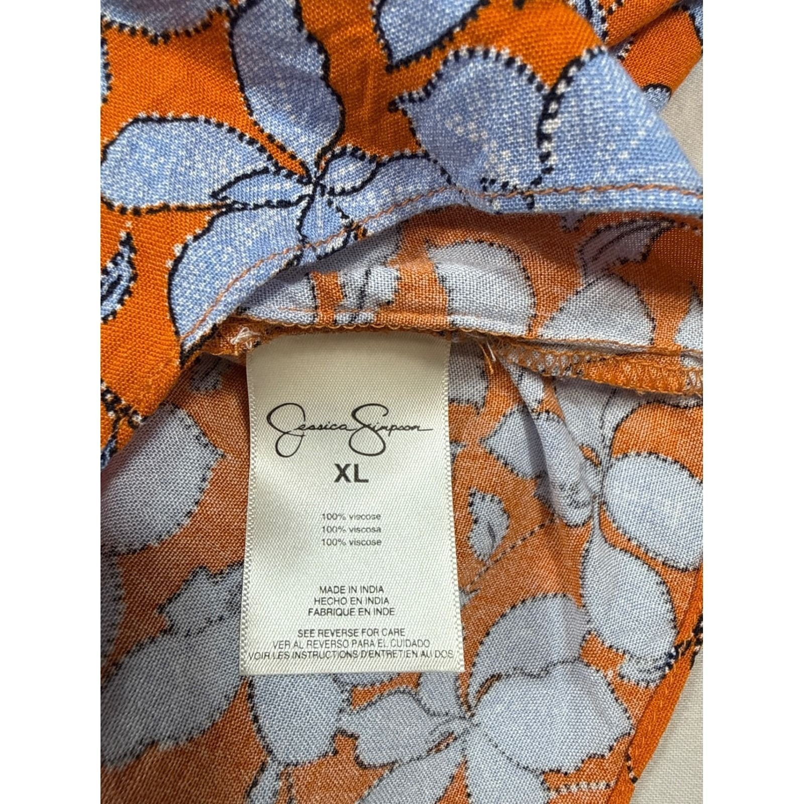 Jessica Simpson Womens XL Orange Blue Floral Tie Front Button Down Blouse Top