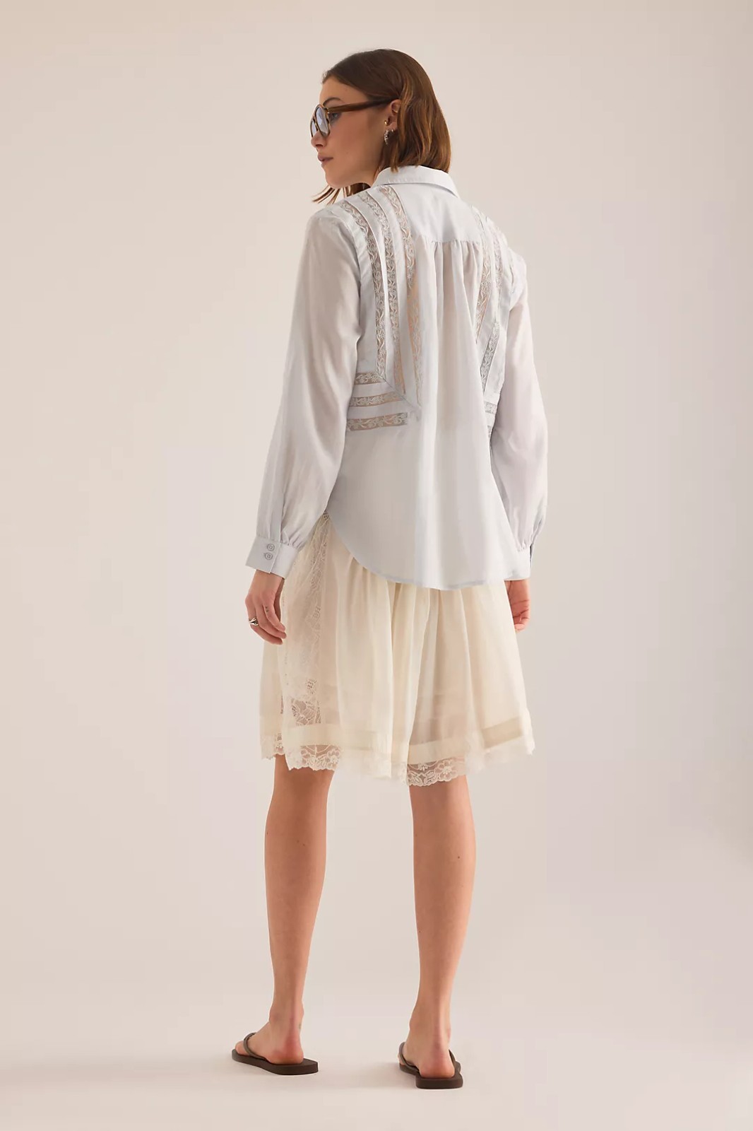 By Anthropologie Lace Inset Long-Sleeve Buttondown Top Light Blue Large NWT $138