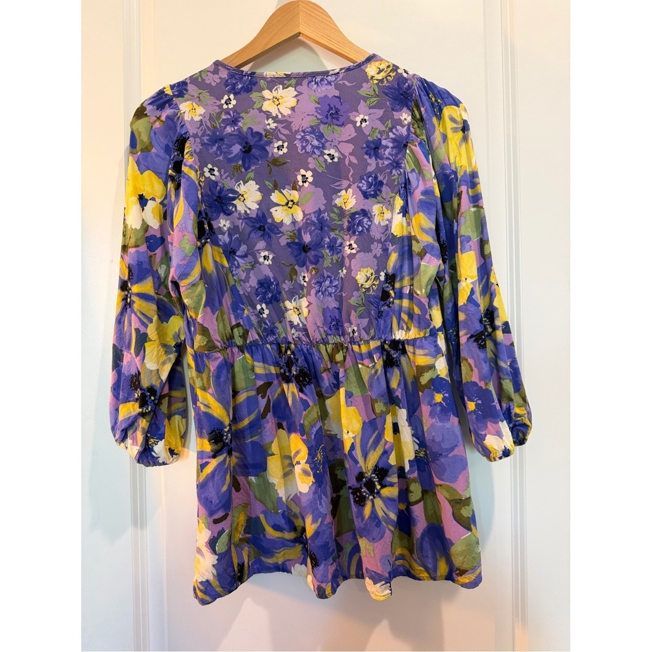 FIGUEROA & FLOWER Purple Floral Peasant Blouse Medium Rayon Boho Cottagecore