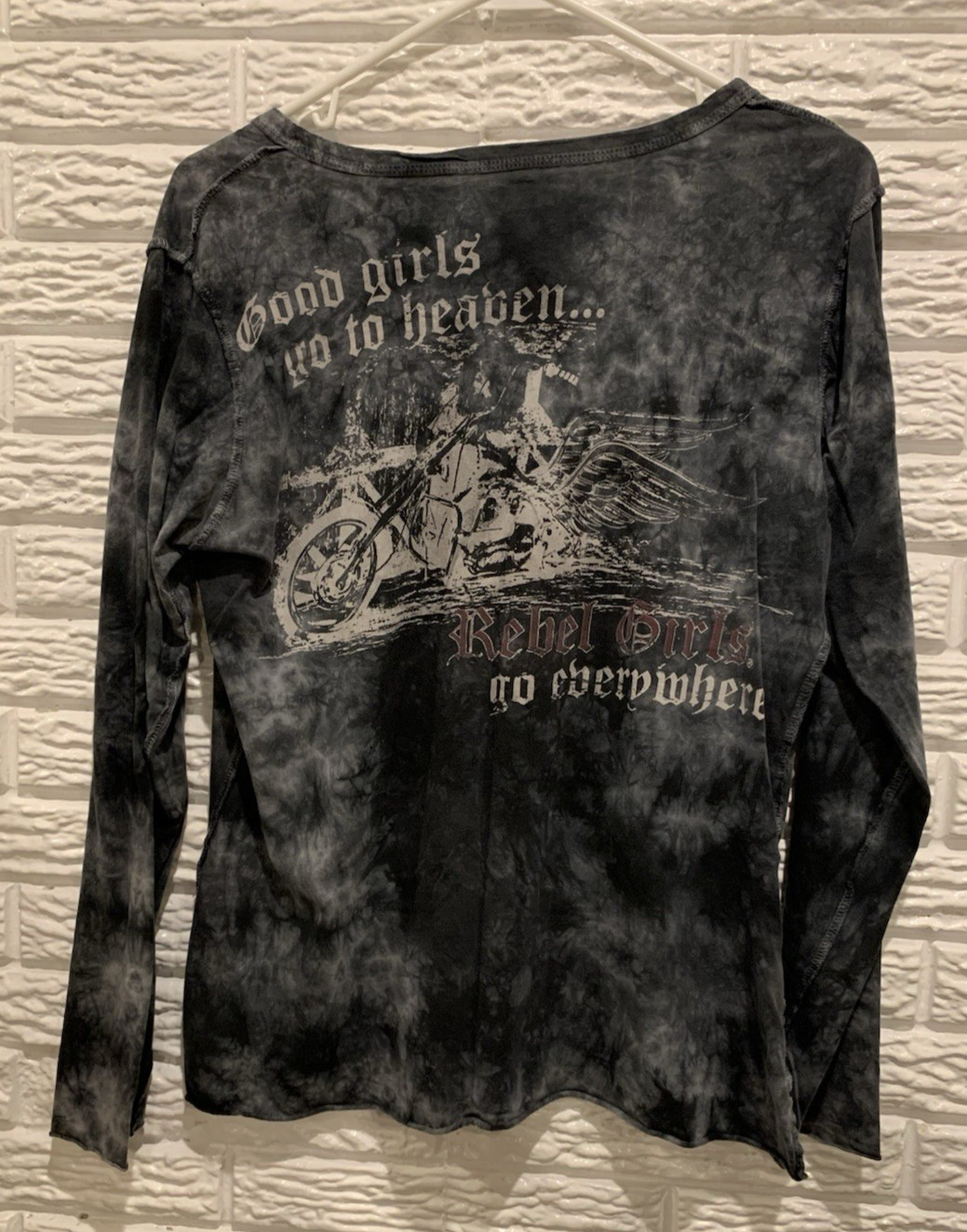 Rebel Girl Motorcycle T-Shirt Black Tie-Dye Style Women’s Size Large Long Sleeve