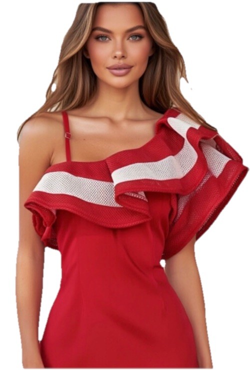 New WHY DRESS Red White Ruffles One Shoulder Stretch Sexy Bodysuit Top Sz M