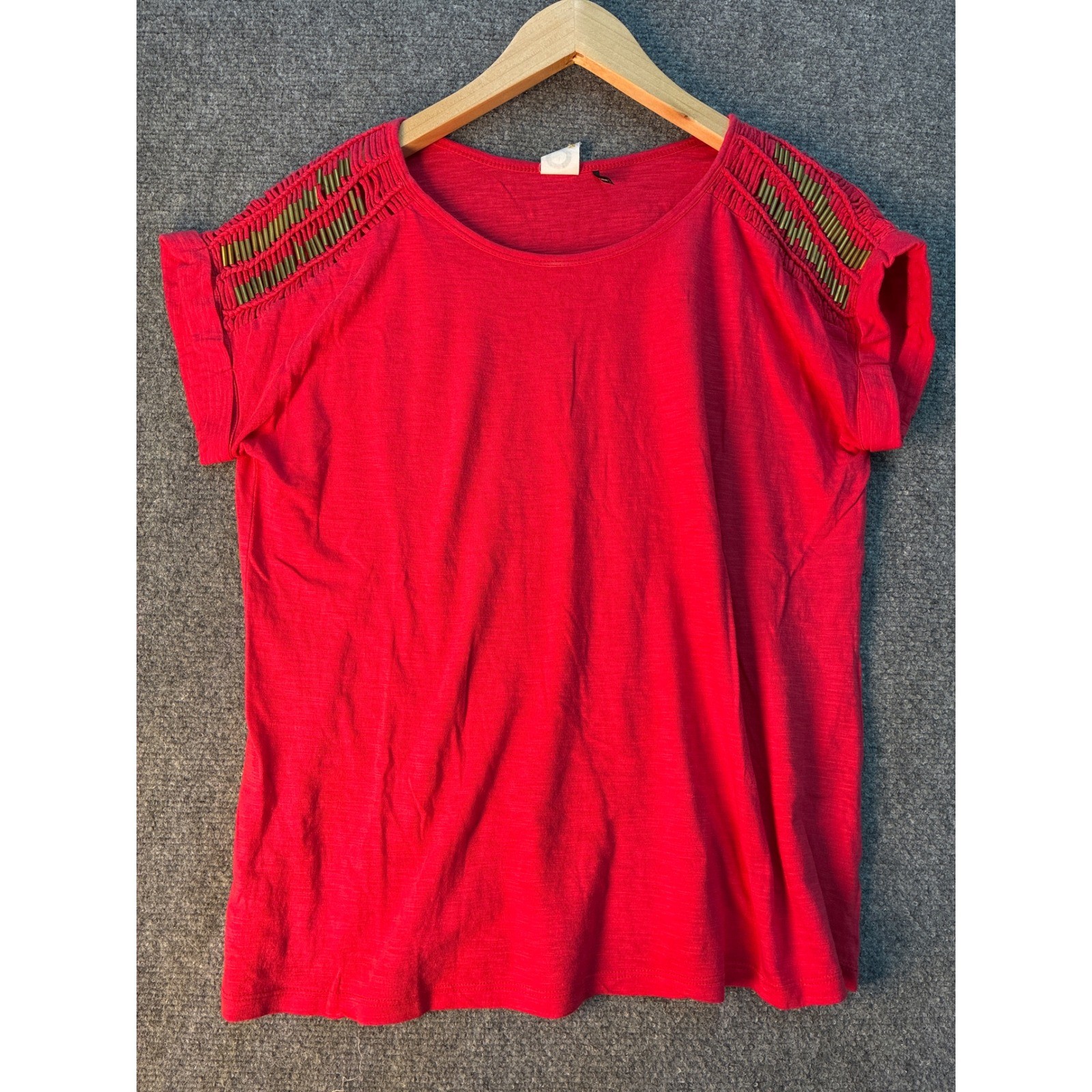Akemi + Kin Red Beaded Shoulder Cotton Knit Top Short Sleeve Boho Small
