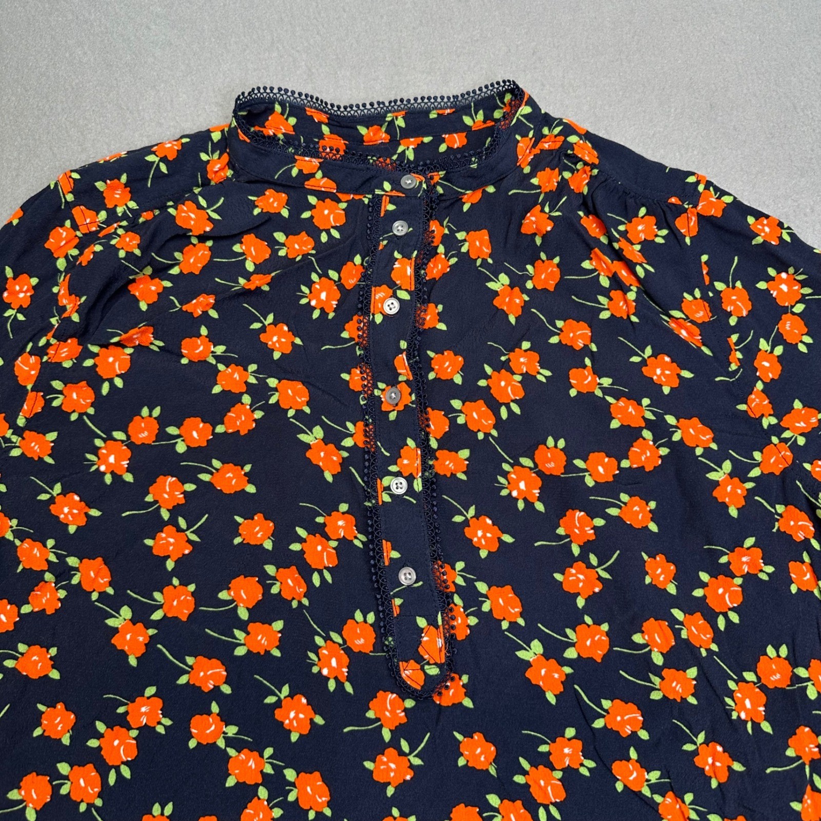 J.Crew Band Collar Lace Trim Blouse Top Womens XXL Navy Orange Floral Whimsigoth